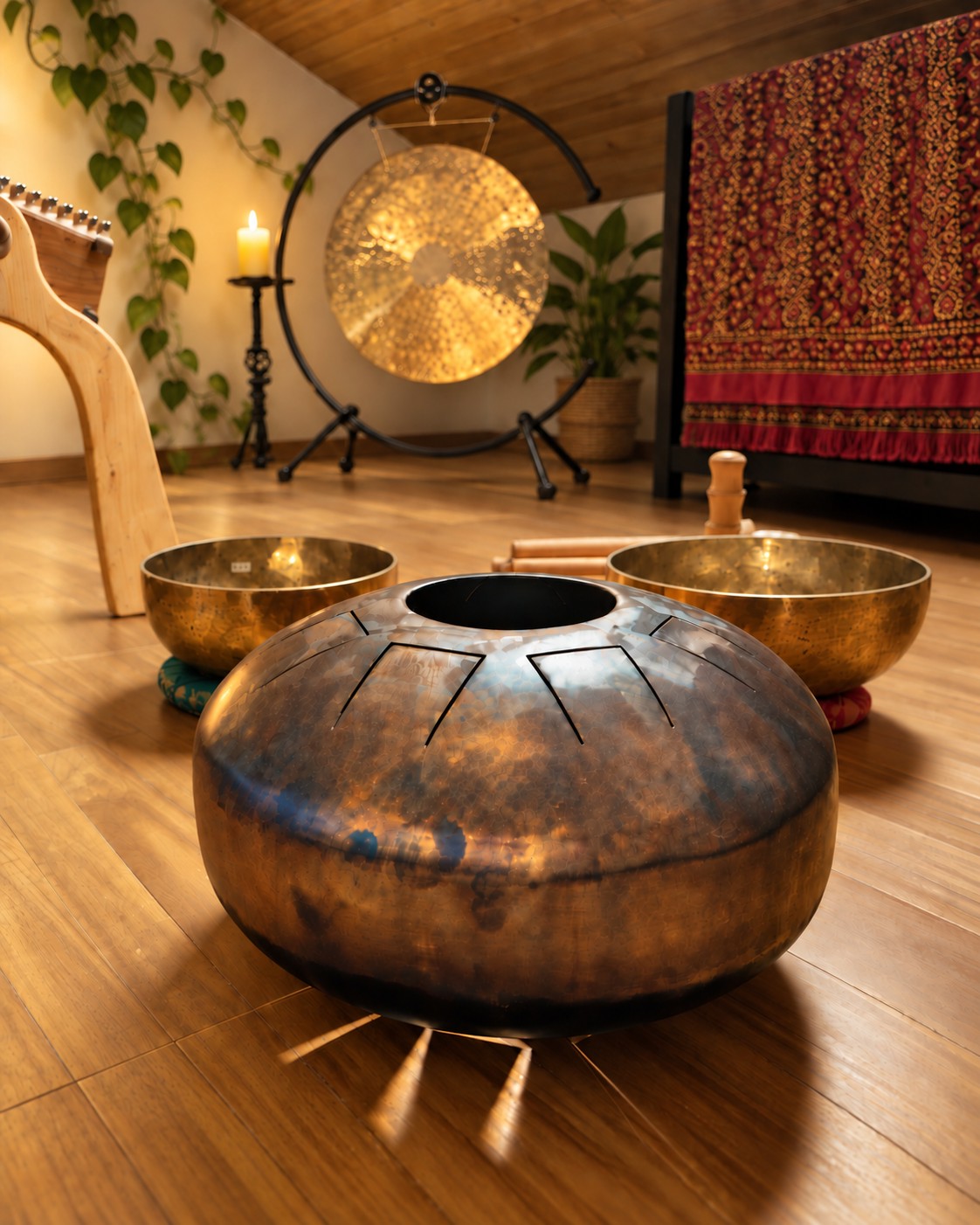 Klangraum mit Handpan, Klangschalen, Monochord und Gong