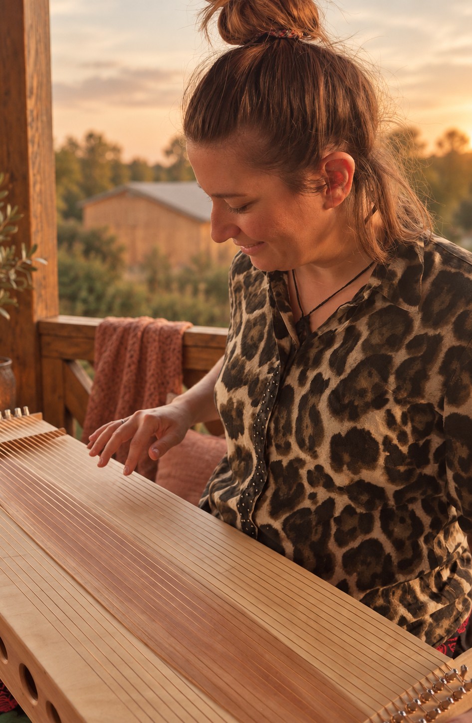 Izzy spielt ein Monochord im Abendlicht